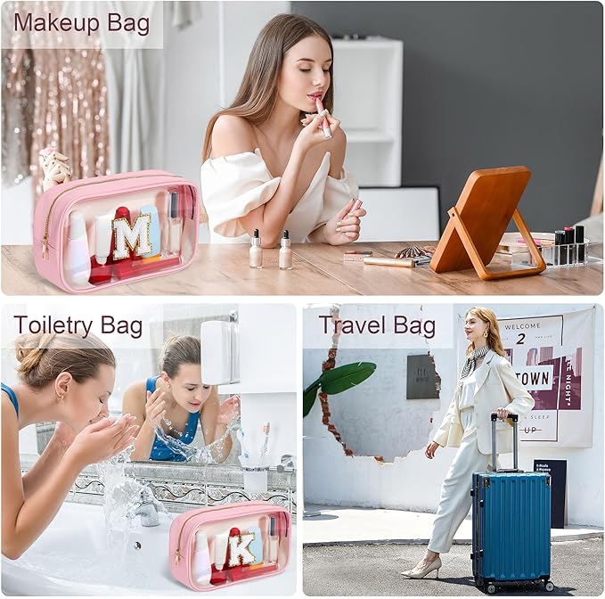 YOOLIFE Travel Toiletry Bag for Women, Pink Clear Makeup Bag Cute Make Up Bag Cosmetic Bags Skin Care Makeup Bag Organizer Birthday Gifts for Women Teacher Mother Girlfriend Initial H