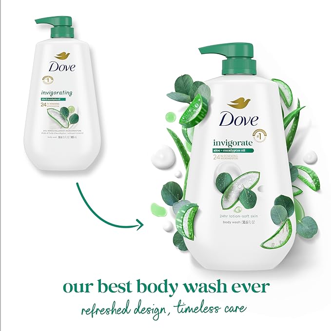 Dove Body Wash with Pump Invigorate Aloe & Eucalyptus For 24hr Lotion-Soft Skin Moisturizing Skin Cleanser with No Sulfates No Parabens 30.6 Oz