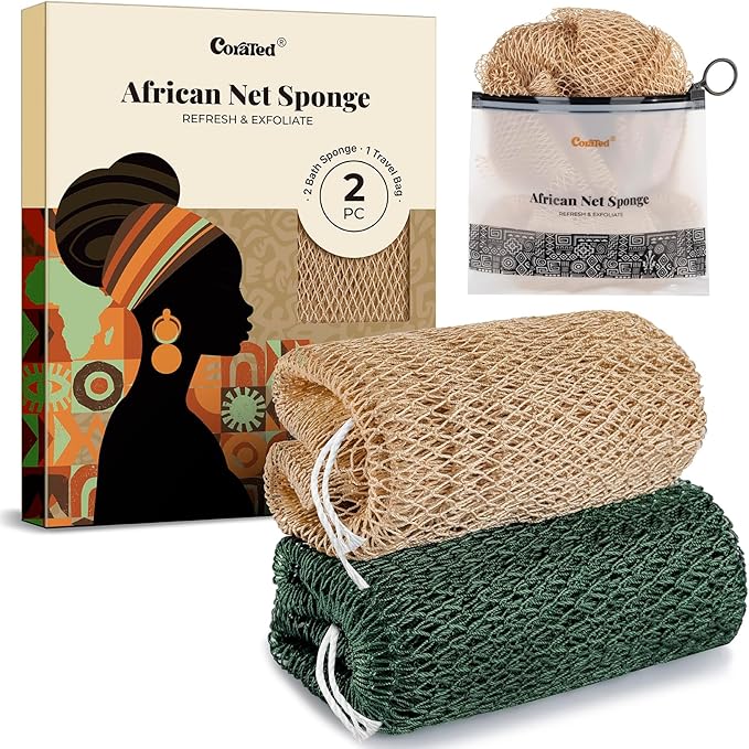 CORATED African Net Sponge Authentic, Shower Loofah Exfoliating Bath Sponge, Body Scrubber for Women and Men Daily Use Body Care, Travel Portable Bath Accessories for Bathroom (Linen & Dark Green)