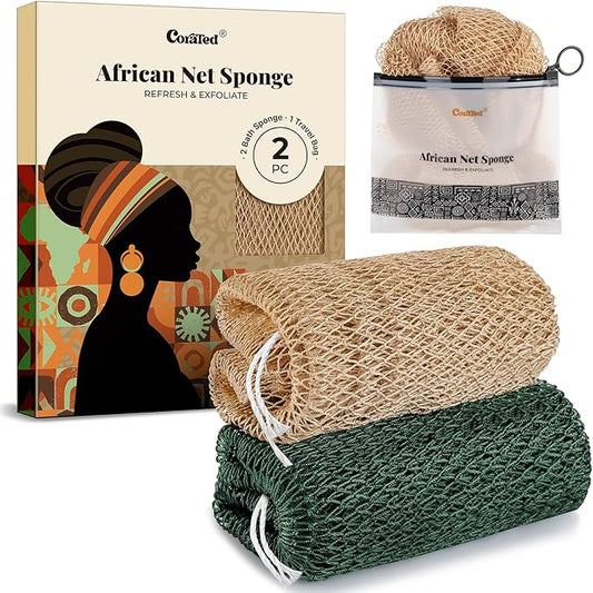 CORATED African Net Sponge Authentic, Shower Loofah Exfoliating Bath Sponge, Body Scrubber for Women and Men Daily Use Body Care, Travel Portable Bath Accessories for Bathroom (Linen & Dark Green)