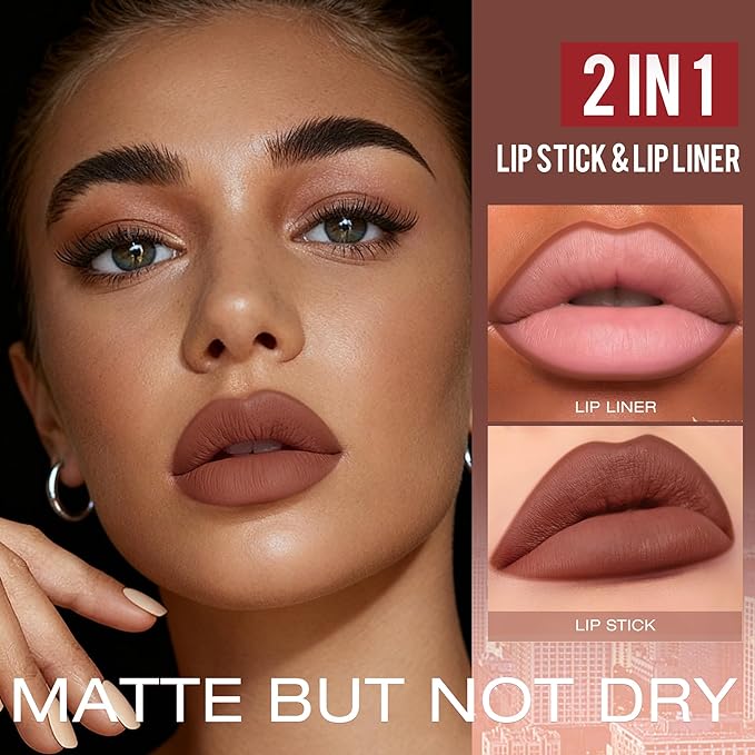 Red Brown Matte Liquid Lipstick and Lip Liner Set for Women, Long Lasting Waterproof Lipsticks 24 Hours Smudgeproof Lip Liner and Lipstick Combo, A04