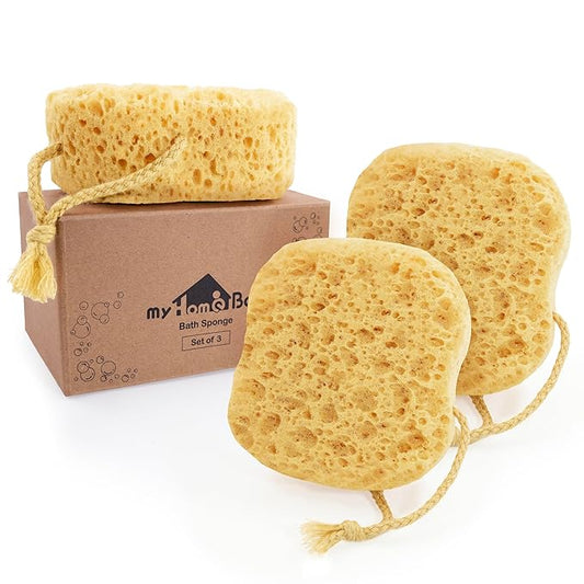myHomeBody Bath Sponge, Foam Loofah, Body Scrubber for Bathing, Exfoliating Shower Pouf for Shower - Large Size, Lots of Lather, Square, 3 Pack