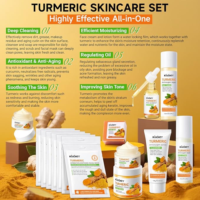15 PCS Turmeric Skin Care Set - Turmeric Skin Care Kit Long-Lasting Moisture, Oil Control & Smooth Skin - With Cleanser, Soap, Scrub,Toner, Face Oil, Eye Cream, Lotion, Cream & Facial Masks
