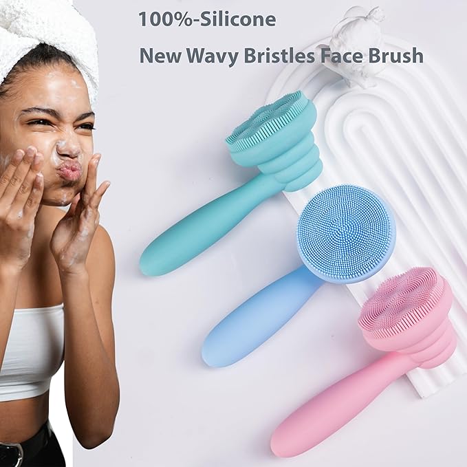 2 PC Silicone Facial Cleansing Brush Facial Scrubber Manual Exfoliating Facial Brush Face Cleanser Face Exfoliator Ultrafine Bristles for Sensitive Skin Easy to Clean Lather Well(Pink&Blue)