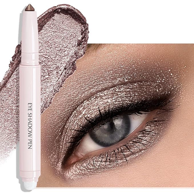 Taupe Shimmer Eyeshadow Stick, Cream Eyeshadow Long-Lasting Crease-Proof Neutral Glitter Eye Shadow Eyeliner Pencil High Pigmented Highlighter Makeup with Blending Brush & Built-in Sharpener