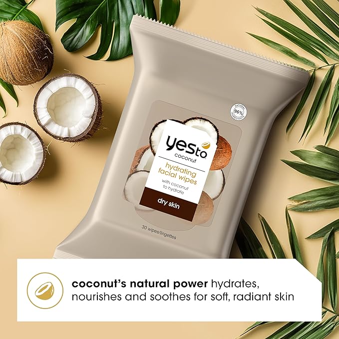 Yes To Face Wipes for Women and Men, Super Skin Recharging Facial Cleansing Wipes for use as a Make Up Remover, Cleaning, Soothing, Coconut (Pack of 3)