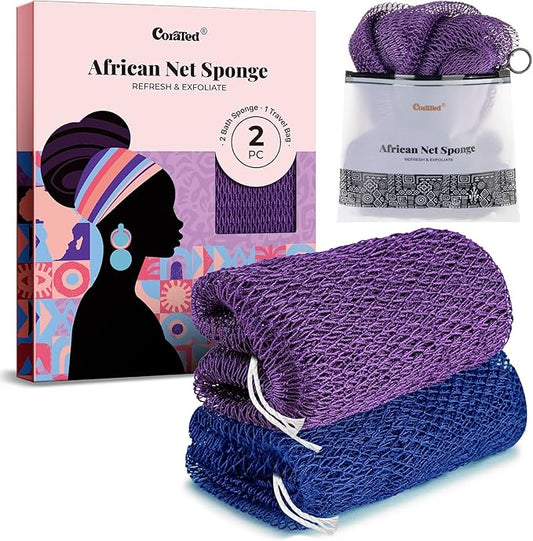 CORATED African Net Sponge Authentic, Shower Loofah Exfoliating Bath Sponge, Body Scrubber for Women and Men Daily Use Body Care, Travel Portable, Durable Bath Accessories for Bathroom (Blue & Purple)