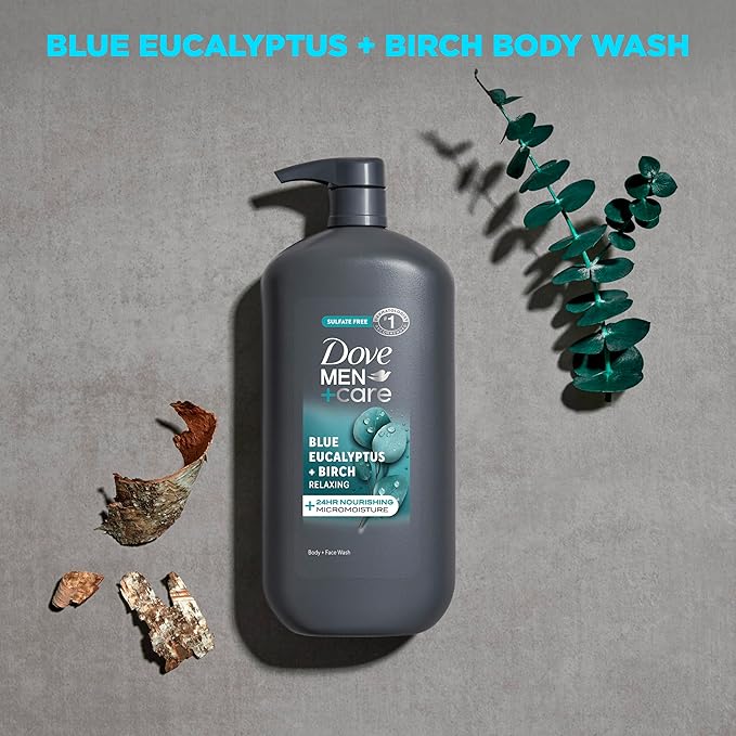 DOVE MEN + CARE Relaxing Blue Eucalyptus + Birch Body and Face Wash with 24-Hour Nourishing Micromoisture Technology Body Wash for Men 30 oz