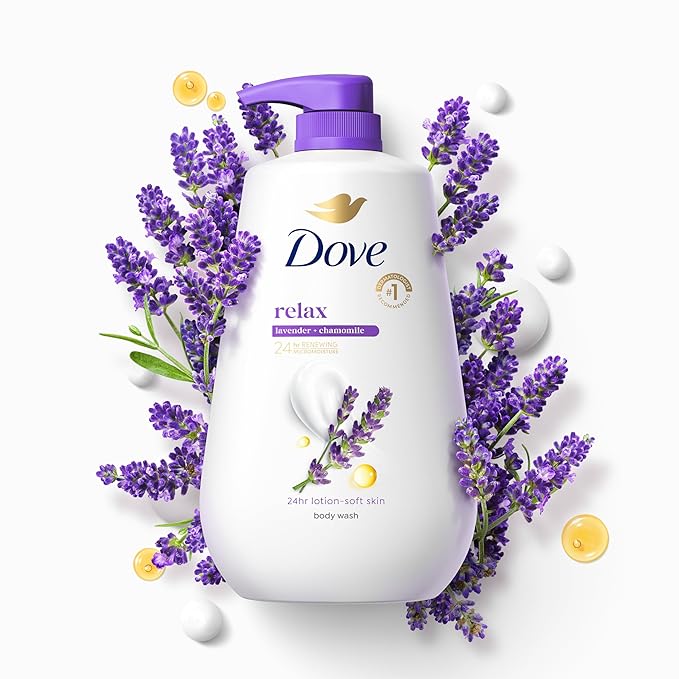 Dove Body Wash with Pump Relax Lavender Oil & Chamomile For 24hr Lotion-Soft Skin Moisturizing Skin Cleanser with No Sulfates No Parabens 30.6 Oz