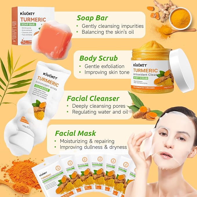 15 PCS Turmeric Skin Care Set - Turmeric Skin Care Kit Long-Lasting Moisture, Oil Control & Smooth Skin - With Cleanser, Soap, Scrub,Toner, Face Oil, Eye Cream, Lotion, Cream & Facial Masks