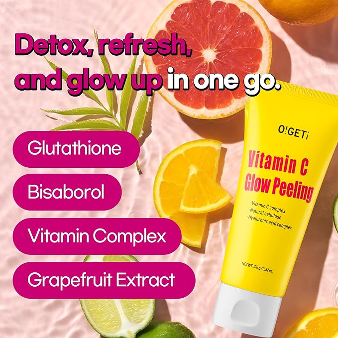 Vitamin C Glow Peeling Gel, Natural Cellulose & AHA Exfoliator, Vitamin C Complex, Upcycled Green Tangerine, Sensitive Skin Safe, 3.6oz