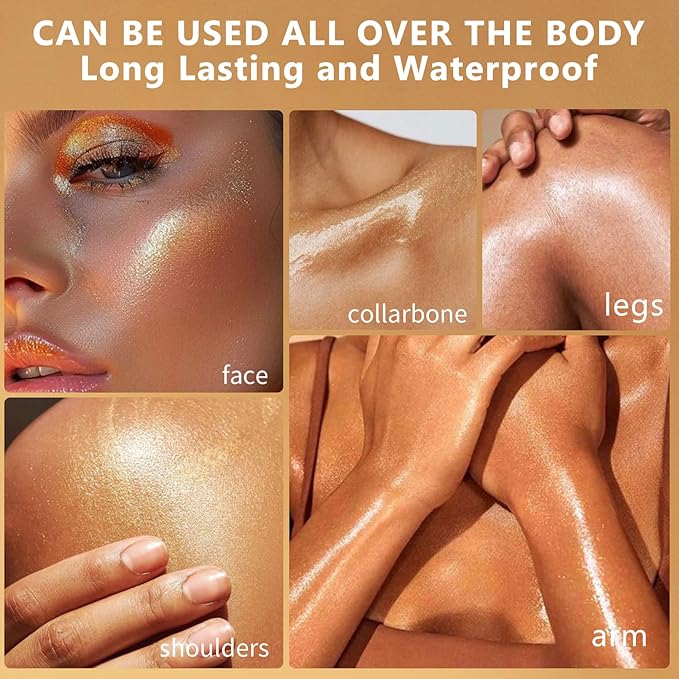 Shimmer Body Oil with Brush, Portable Long Lasting Body Glow Oil for Body & Face, Waterproof & Natural Moisturizing Liquid Highlighter Makeup for All Skin, Travel, Wedding, Party, Rose Gold