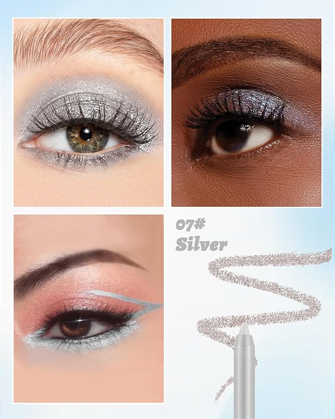 Waterline Gel Eyeliner Pencil, Silver Shimmer Waterproof Long Lasting Eye Liner Pencils with Sharpener, Highly Pigmented Hypoallergenic Precision Cream Smooth Glitter Eyeliner Makeup Pen for Women-07