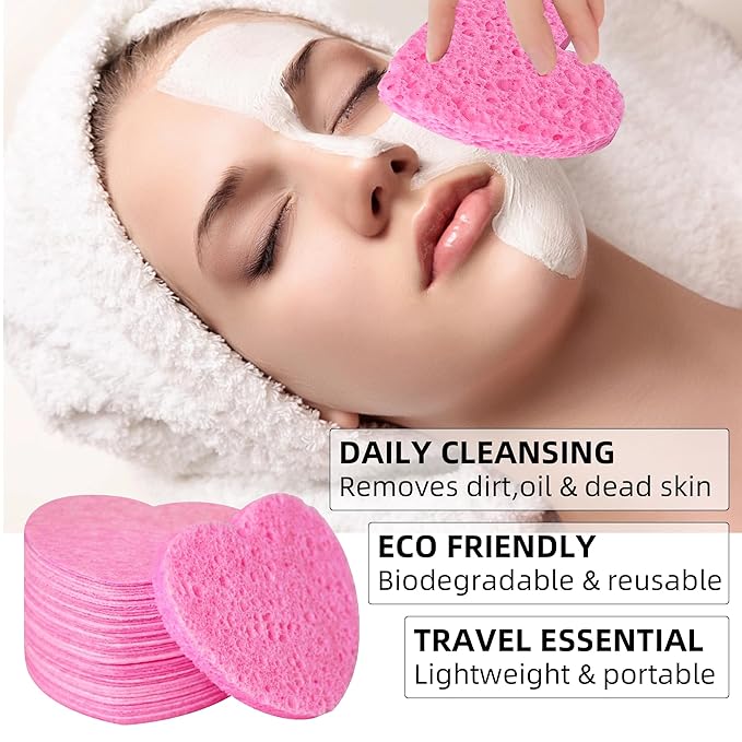 Women 60-Count Compressed Cellulose Heart Shape Face Facial Sponges 100% Natural Cosmetic Sponges for Facial Cleansing Exfoliating Mask Skin Massage (Pink)