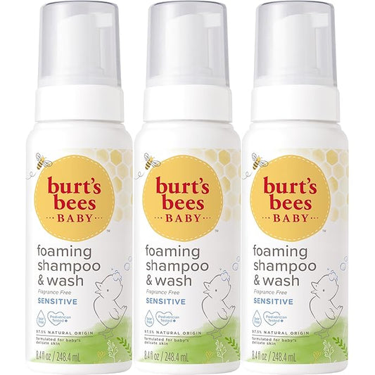 Burt's Bees Baby Sensitive Foaming Shampoo and Wash, Fragrance Free, Tear Free, Pediatrician Tested, 97.5% Natural Origin, 8.4 Fluid Ounces, Pack of 3