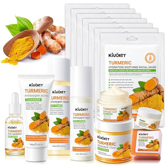 15 PCS Turmeric Skin Care Set - Turmeric Skin Care Kit Long-Lasting Moisture, Oil Control & Smooth Skin - With Cleanser, Soap, Scrub,Toner, Face Oil, Eye Cream, Lotion, Cream & Facial Masks