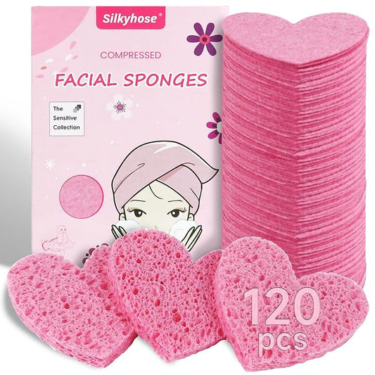 Women 120-Count Compressed Cellulose Heart Shape Face Facial Sponges 100% Natural Cosmetic Sponges for Facial Cleansing Exfoliating Mask Skin Massage (（Pink） 120 Count)