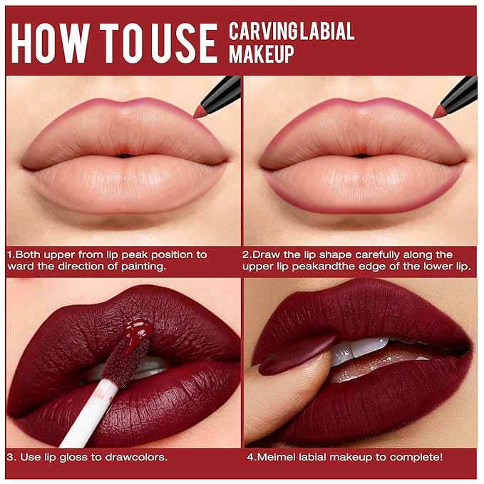 Red Matte Liquid Lipstick and Lip Liner Set for Women Long Lasting Waterproof Lipsticks 24 Hours Smudgeproof Lip Liner and Lipstick Combo, A08