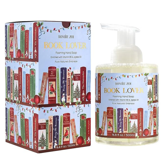 ROMIIE ZOI Christmas Foaming Hand Soap with Gift Box- Book Lover Design, Floral&Fruity Scented- Holiday Soap Gift for Bathroom Winter Home Decor, Stocking Stuffer- 500ml / 16.8oz