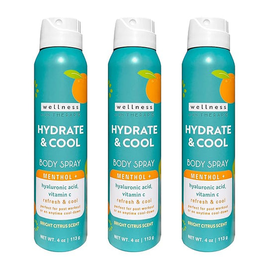 Village Naturals Therapy Wellness Hydrate & Cool Body Spray - Protect and Moisturize Skin with Vitamin C, Menthol and Hyaluronic Acid - Full Body Cooling Mist (Pack of 3 Cans, 4 Ounces Each)