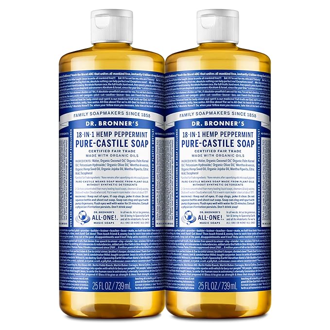 Dr. Bronner's - Pure-Castile Liquid Soap (Peppermint, 25 ounce) - Made with Organic Oils, 18-in-1 Uses: Face, Body, Hair, Laundry, Pets and Dishes, Concentrated, Vegan, Non-GMO (2-Pack)