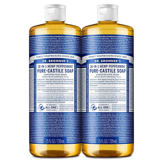 Dr. Bronner's - Pure-Castile Liquid Soap (Peppermint, 25 ounce) - Made with Organic Oils, 18-in-1 Uses: Face, Body, Hair, Laundry, Pets and Dishes, Concentrated, Vegan, Non-GMO (2-Pack)