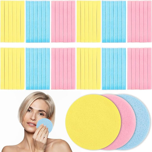 120 Pieces Facial Sponge Compressed,Round Face Cleansing Sponge,Makeup Removal Sponge Pad for Exfoliating Wash,Spa,Mask(Yellow,Pink,Blue)