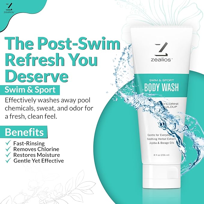 Zealios Swim & Sport Body Wash for Swimmers & Athletes 8oz, Skin Care Solution for Men & Women, Removes Chlorine, Sweat & Odor, Provides Cleansing and Hydration from Pool Chemicals, Light Citrus Scent