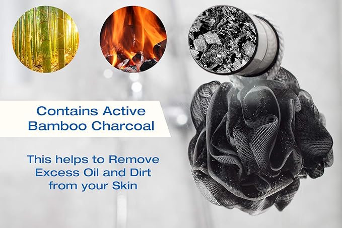 XXL 90g Charcoal Shower Loofah 3 Pack by Tilcare - Perfect Bath Sponge for Exfoliating for Men & Women - Body Scrubber Brush for Cleansing and Smooth Skin - Scrubbies That Remove Excess Oil and Dirt