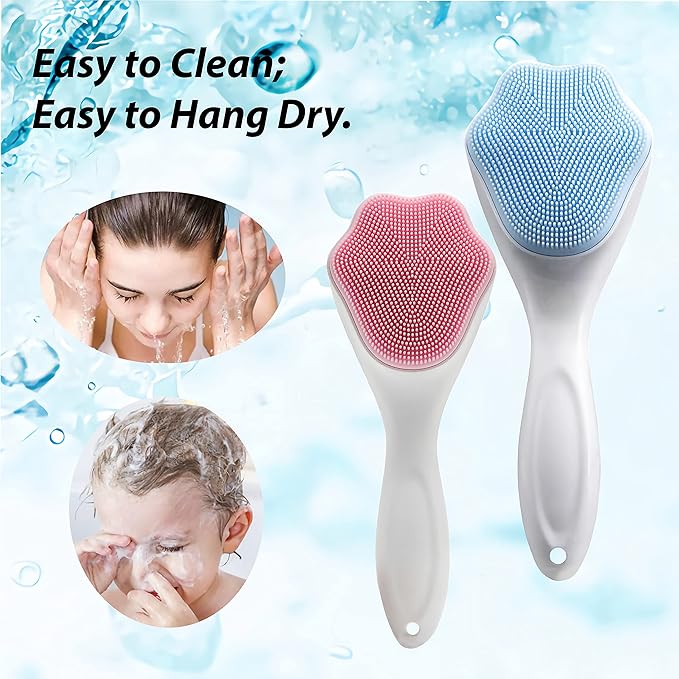 2 PC Silicone Facial Cleansing Brush Silicone Facial Scrubber Manual Exfoliating Facial Brush Face Cleanser Face Exfoliator Fine Bristles for Sensitive Skin Easy to Clean Lather Well (Pink&Blue)