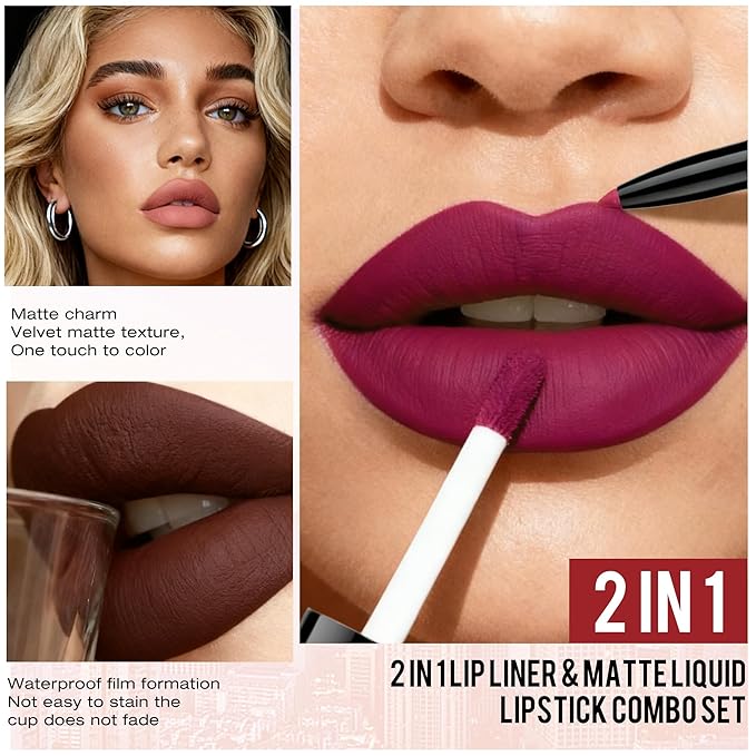 Red Matte Liquid Lipstick and Lip Liner Set for Women Long Lasting Waterproof Lipsticks 24 Hours Smudgeproof Lip Liner and Lipstick Combo, A02