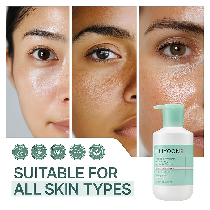 Illiyoon Gentle Deep Facial Cleanser | Low pH Gel-to-Foam Face Wash for Sensitive Skin, Hydrating Gel Cleanser & Daily Makeup Remover, Korean Skincare, 8.45 fl.oz.