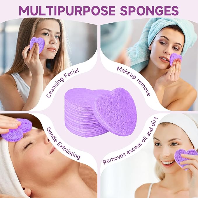 ‌Silkyhose 50-Count Compressed Cellulose Facial Sponges - Heart-Shaped 100% Natural Cosmetic Sponges for Gentle Cleansing, Exfoliating & Skin Massage (Purple)