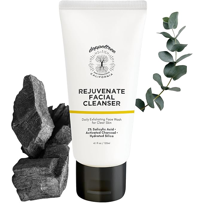 Doppeltree 3-in-1 Exfoliating Facial Cleanser with 2% Salicylic Acid, Hydrated Silica, & Activated Charcoal for Clearer Skin, Oil Control & Anti Aging