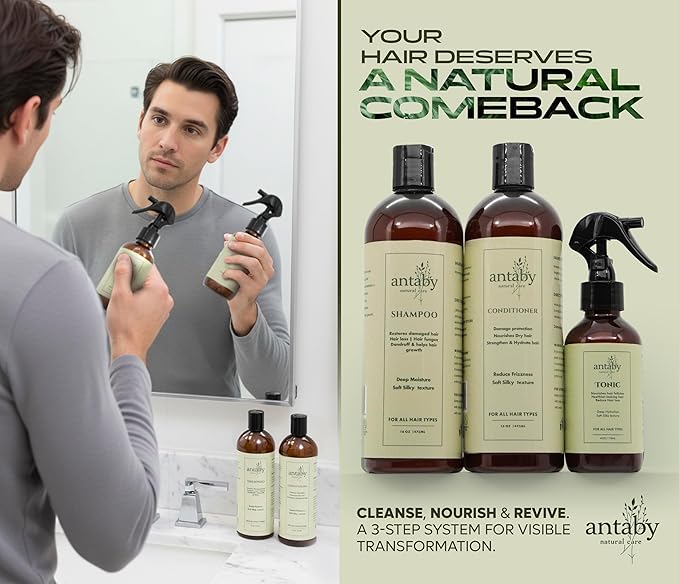 – 3-Step Botanical Hair Care Set for Men and Women with Shampoo, Conditioner & Hair Tonic – Hydrating Routine for Dry, Damaged or Color-Treated Hair