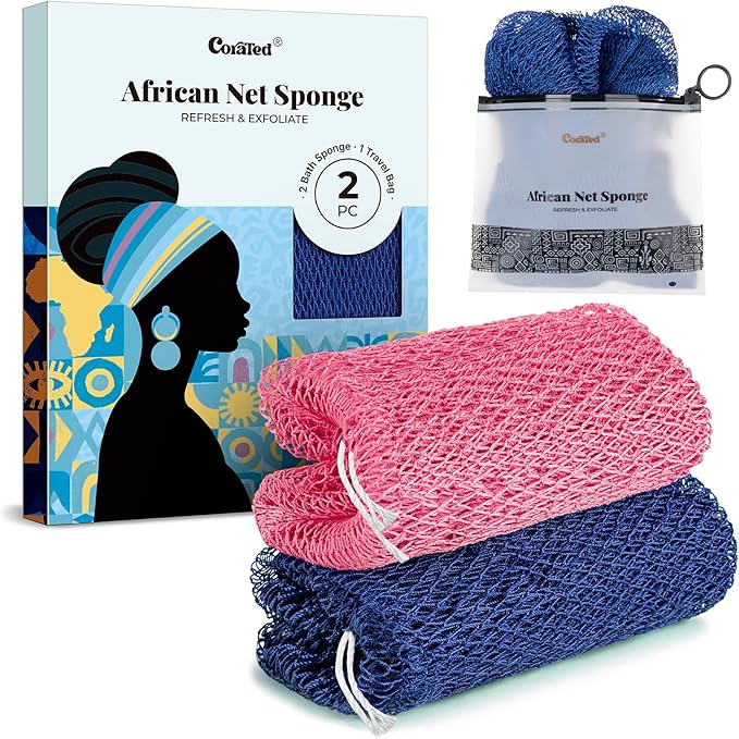 CORATED African Net Sponge Authentic, Shower Loofah Exfoliating Bath Sponge, Body Scrubber for Women and Men Daily Use Body Care, Travel Portable, Durable Bath Accessories for Bathroom (Pink & Blue)