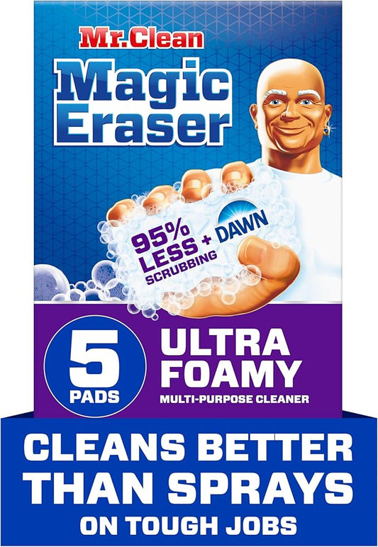 Mr. Clean Magic Eraser Foaming Sponge, All Purpose Cleaner, Dawn Cleaning Power, Wall Cleaner, Sneaker Cleaner, Oven Cleaner, Kitchen, Bathroom, Shower Cleaning Supplies, Scrubber, Ultra Foamy, 5ct