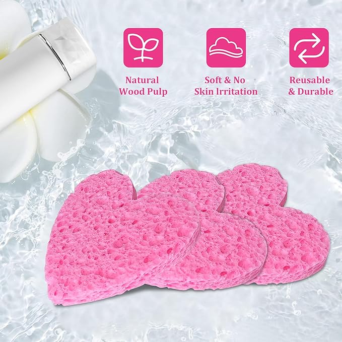 Women 60-Count Compressed Cellulose Heart Shape Face Facial Sponges 100% Natural Cosmetic Sponges for Facial Cleansing Exfoliating Mask Skin Massage (Pink)