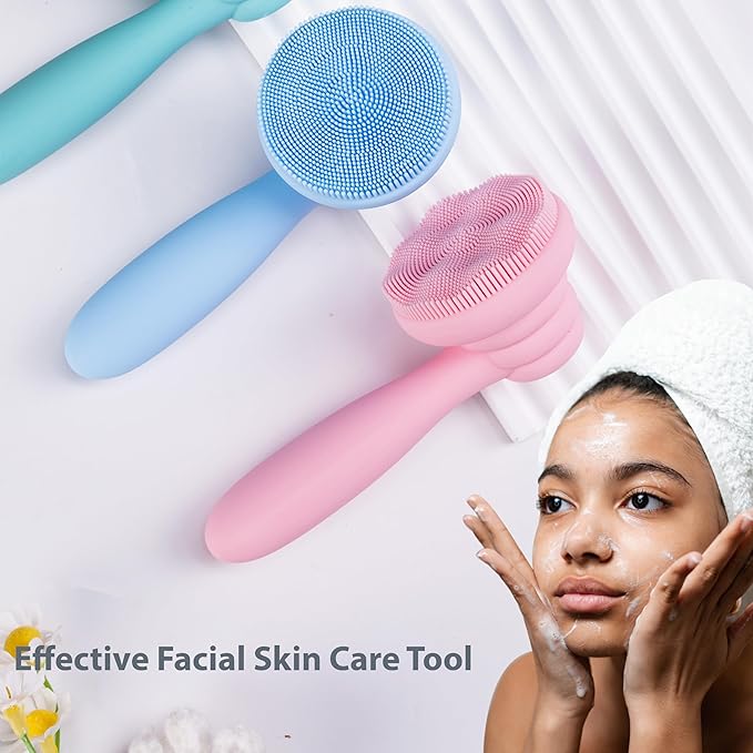 2 PC Silicone Facial Cleansing Brush Facial Scrubber Manual Exfoliating Facial Brush Face Cleanser Face Exfoliator Ultrafine Bristles for Sensitive Skin Easy to Clean Lather Well(Pink&Blue)