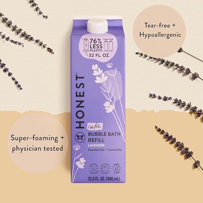 The Honest Company Foaming Bubble Bath Refill Carton Gentle for Baby Naturally Derived Tear-Free Hypoallergenic Lavender Calm 32 fl oz