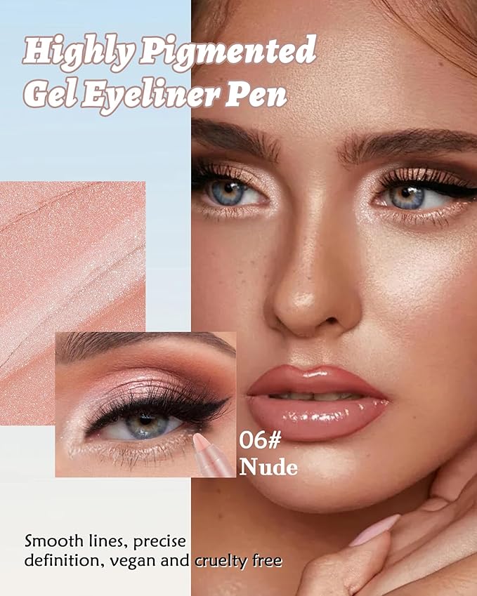 Waterline Gel Eyeliner Pencil, Nude Beige Shimmer Waterproof Long Lasting Eye Liner Pencils with Sharpener, Highly Pigmented Hypoallergenic Cream Glitter Eyeliner Brightener Pen Makeup for Women-06