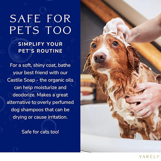 YARELI Pure Castile Soap Liquid, Unscented, with All Organic Oils for Adults, Kids and Babies as Body Wash or Hand Soap, 64oz Refill