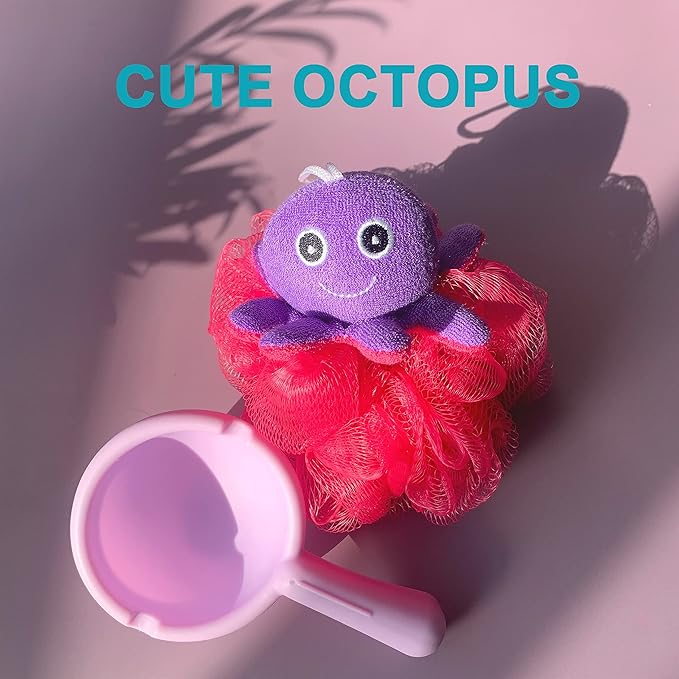 Loofah Exfoliating Shower Stuffed Sponge Pouf Mesh Brush with Animal Design - Bath Spa Puff Scrubber Ball - Body Poof for Man and Woman - Rich Foams Bubble（4.7" Each） Pack of 4