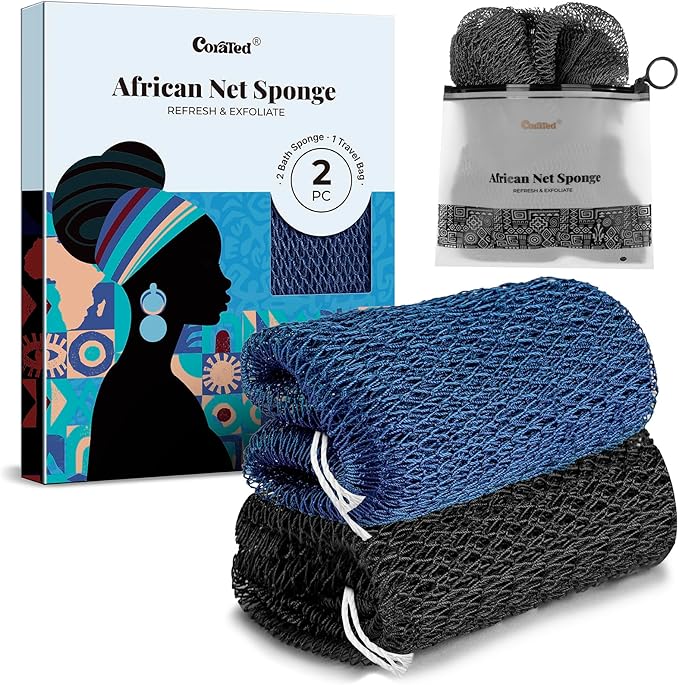 CORATED African Net Sponge Authentic, Shower Loofah Exfoliating Bath Sponge, Body Scrubber for Women and Men Daily Use Body Care, Travel Portable Bath Accessories for Bathroom (Blue & Black)