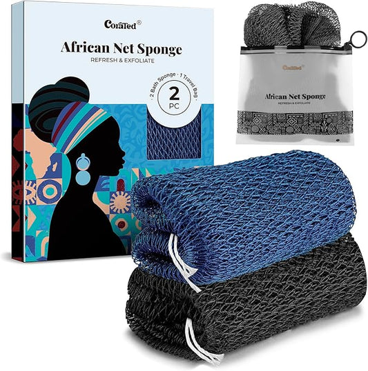 CORATED African Net Sponge Authentic, Shower Loofah Exfoliating Bath Sponge, Body Scrubber for Women and Men Daily Use Body Care, Travel Portable Bath Accessories for Bathroom (Blue & Black)