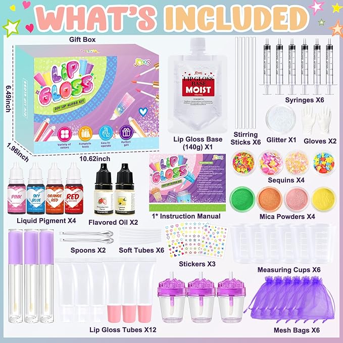 Jcoos Lip Gloss Making Kit, 66PCS DIY Lip Glosses Set to Make Your Own Lip Stick, Fun Craft Makeup Lipglosses, All-Inclusive Moisturizing Handmade Lip Glaze Supplies Set for Beginner Women Girls