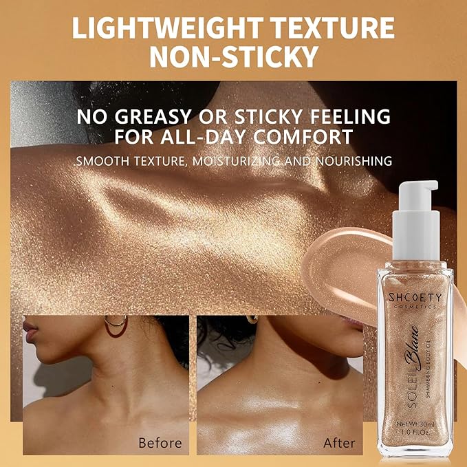 Shimmer Body Oil with Brush, Portable Long Lasting Body Glow Oil for Body & Face, Waterproof & Natural Moisturizing Liquid Highlighter Makeup for All Skin, Travel, Wedding, Party, Rose Gold