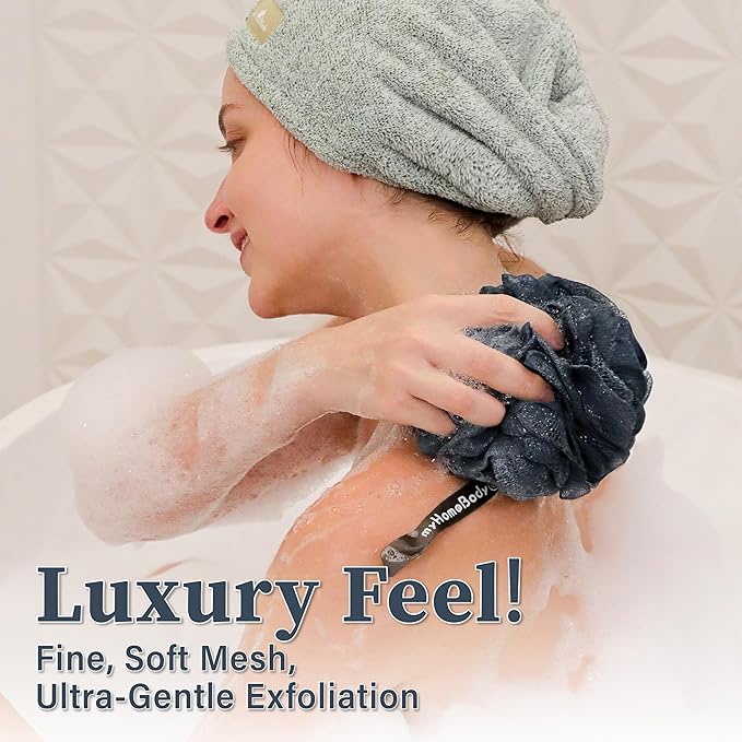 myHomeBody Large 70g Loofah Sponge, Body Scrubber, Bath Sponge, Loofah for Women, Men, Exfoliating Sponge Shower Pouf with Activated Charcoal - 2 Sea Foam Green + 1 Navy Blue, 3 Pack