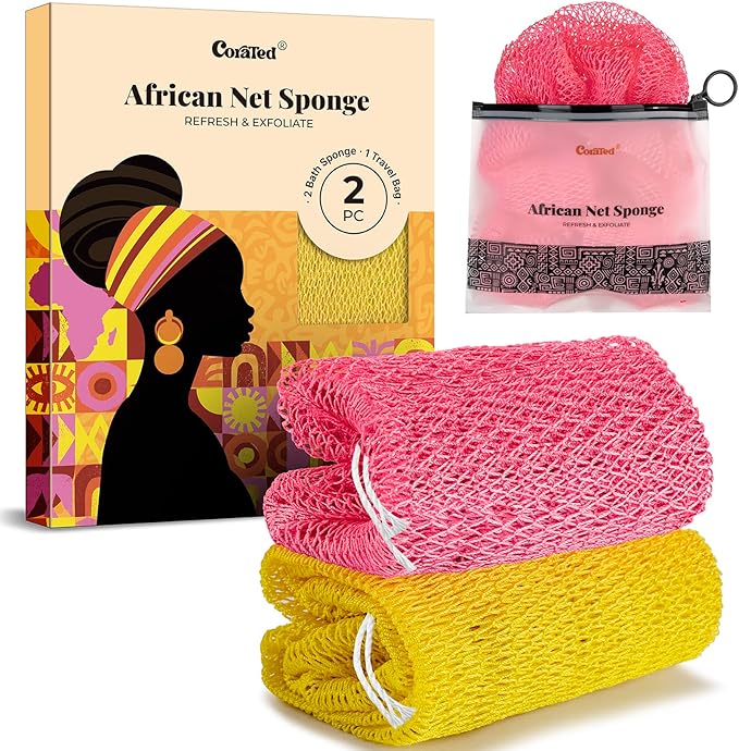 CORATED African Net Sponge Authentic, Shower Loofah Exfoliating Bath Sponge, Body Scrubber for Women and Men Daily Use Body Care, Travel Portable, Durable Bath Accessories for Bathroom (Pink & Yellow)