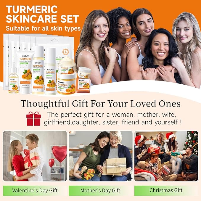 15 PCS Turmeric Skin Care Set - Turmeric Skin Care Kit Long-Lasting Moisture, Oil Control & Smooth Skin - With Cleanser, Soap, Scrub,Toner, Face Oil, Eye Cream, Lotion, Cream & Facial Masks